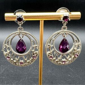 Purple Teardrop Chandelier Earrings Silver Tone Filigree Boho Statement
